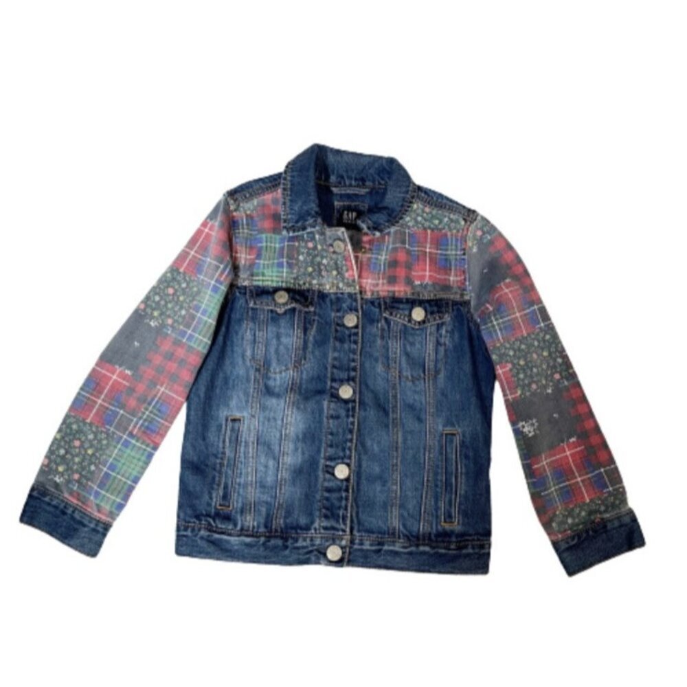 Gap Plaid‎ Patchwork Denim Jean Jacket Girls Size Small 6 7 Kids